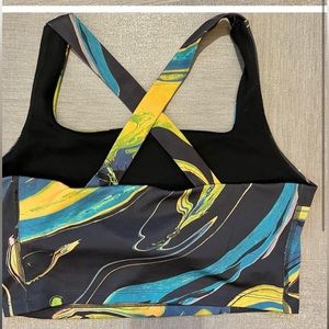 Nike Women Tie Dye Dri Fit Med sports Bra, blue black yellow neon, lined, cross